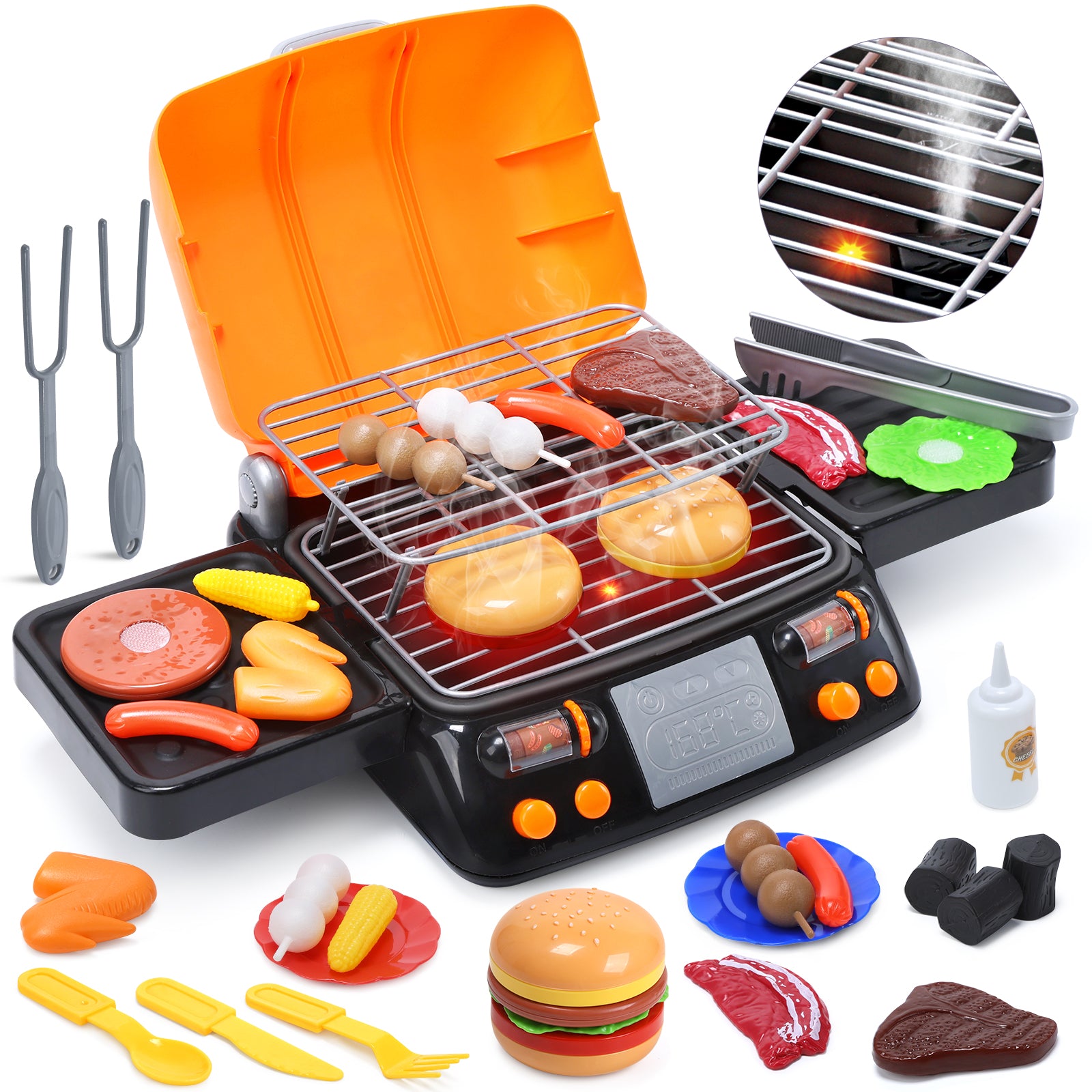 CUTE STONE Cooking Toy BBQ Set, 2-Layer Kids Grill Playset with Play Food, Pretend Smoke Sound and Light, Kitchen Accessories Utensils Toy, Outdoor