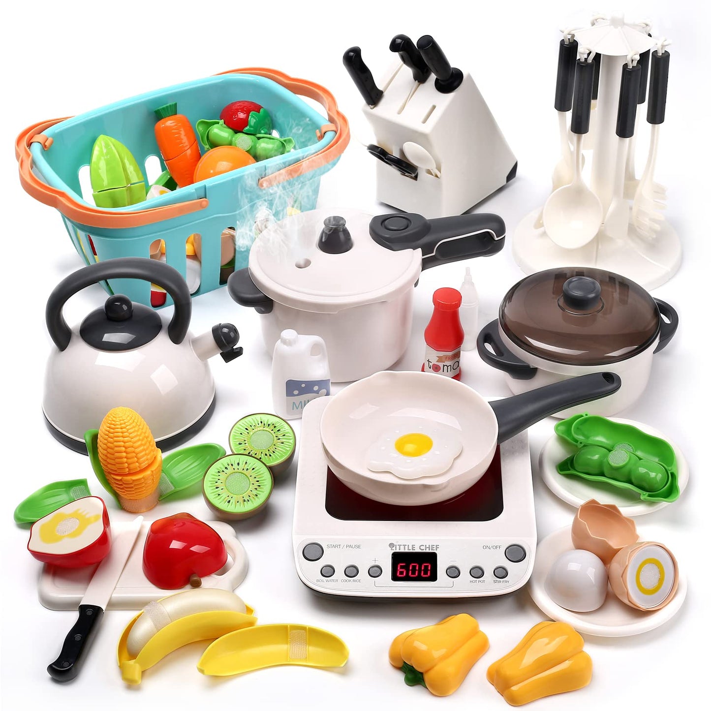 CUTE STONE Pretend Play Kitchen Toy with Cookware Steam Pressure Pot, Electronic Induction Cooktop, Cooking Accessories