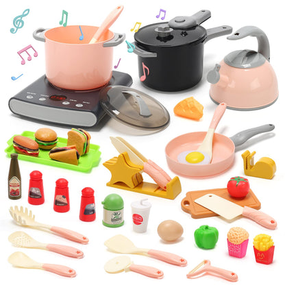 CUTE STONE Play Kitchen Accessories Set, Kids Cooking Toys Set with Play Pots and Pans, Electronic Cooktop with Sound & Light, Pink