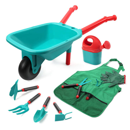 CUTE STONE Kids Gardening Tool Toys with Wheelbarrow, Watering Can, Garden Gloves, Hand Rake, Shovel, Trowel, Double Hoe, Apron with Pockets