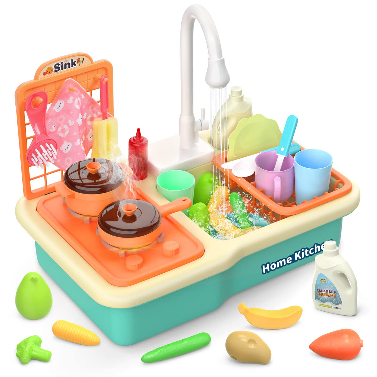 CUTE STONE Play Kitchen Sink Toys with Upgraded Real Faucet, Play Cooking  Stove, Cookware Pot and Pan,Play Food, Color Changing Dishes Accessories  for Boys Girls Toddlers 