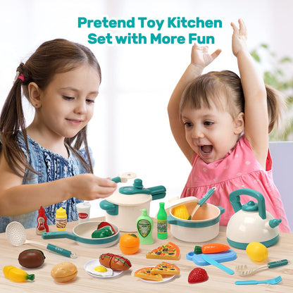 CUTE STONE Kids Play Kitchen Accessories, Play Cooking Toys with Pots and Pans, Cutting Play Food Set and Cookware Utensils