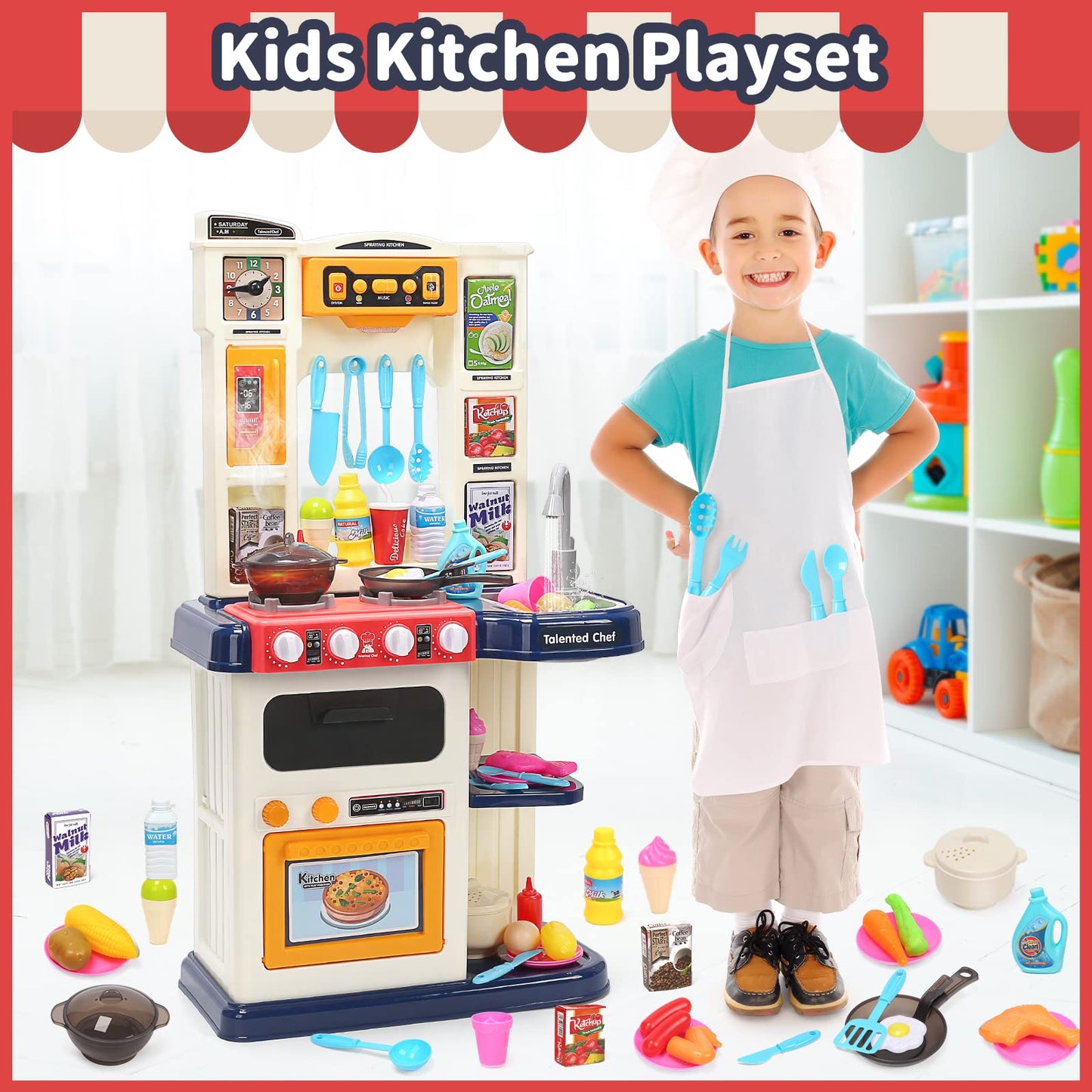CUTE STONE Play Kitchen, Kids Kitchen Playset with Play Sink, Cooking Stove with Steam, Real Sounds & Lights