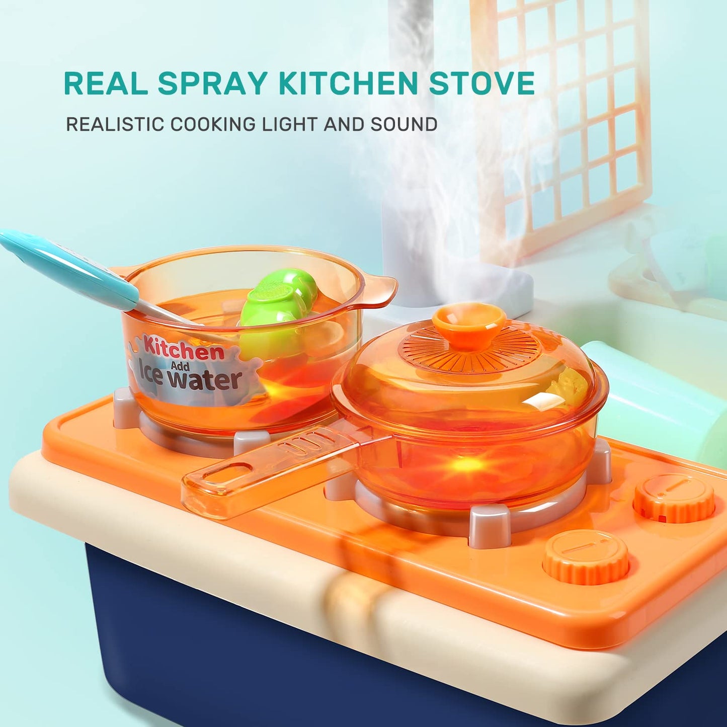CUTE STONE Pretend Play Kitchen Sink Toys with Play Cooking Stove and Cutting Food Accessorie, Pot and Pan with Spray, Light, Sound