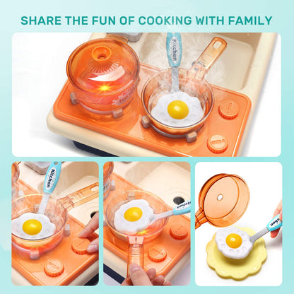 CUTE STONE Pretend Play Kitchen Sink Toys with Play Cooking Stove and Cutting Food Accessorie, Pot and Pan with Spray, Light, Sound