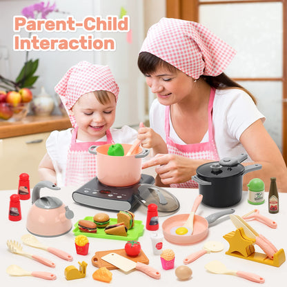 CUTE STONE Play Kitchen Accessories Set, Kids Cooking Toys Set with Play Pots and Pans, Electronic Cooktop with Sound & Light, Pink