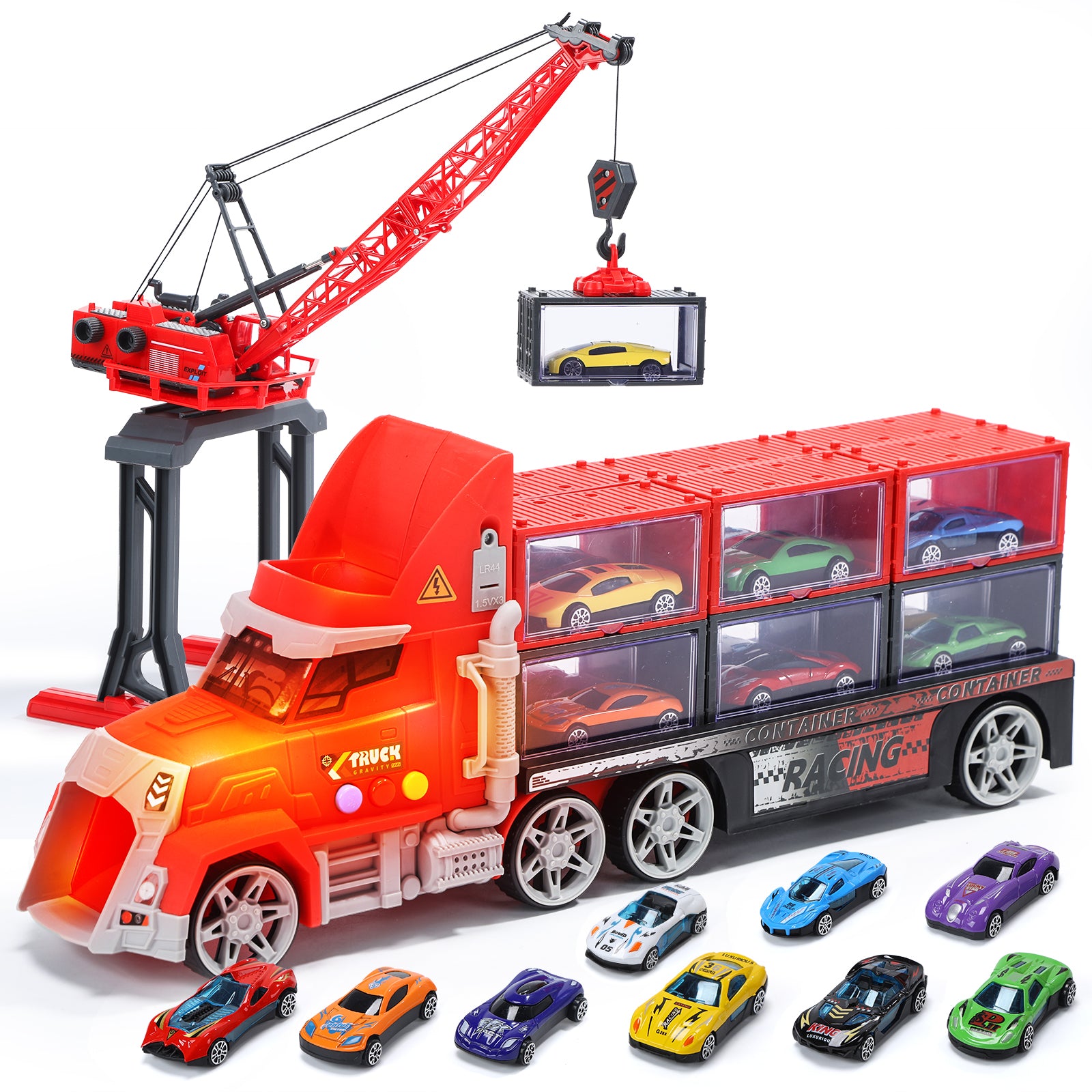 CUTE STONE Toy Vehicles, Toy Truck for Kids with Lights & Sounds, 12 Die-Cast Metal Toy Cars & 12 Containers, Tower Crane & Transport Carrier Truck Playset