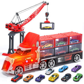 CUTE STONE Toy Vehicles, Toy Truck for Kids with Lights & Sounds, 12 Die-Cast Metal Toy Cars & 12 Containers, Tower Crane & Transport Carrier Truck Playset