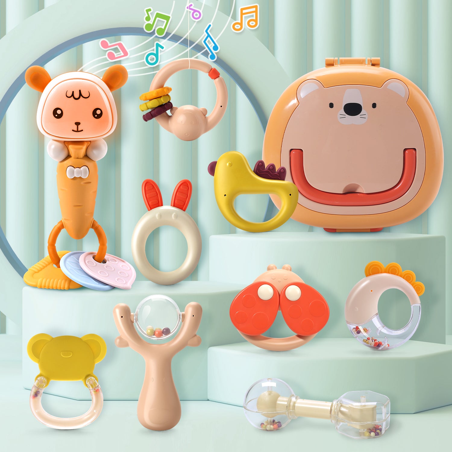 CUTE STONE Baby Rattles, Multifunctional Baby Rattle with Music & Lights, Soft Teether Toy for Sensory Development, Easy-Clean Design with Carry Case, Ideal Newborn Infant Gift
