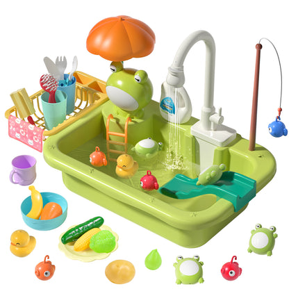 CUTE STONE Play Sink with Running Water, Kitchen Sink Toys with Upgraded Electric Faucet, Play Kitchen Toy Accessories, Pool Floating Fishing Toys for Water Play, Kids Role Play Dishwasher Toy