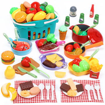 CUTE STONE Kids Kitchen Play Set, Kids Pots and Pans Set with Cutting Play Food, Pretend Toddler Cooking Utensils, Play Kitchen Accessories Toys, Storage Basket, Learning Kitchen Gift for Girls Boys