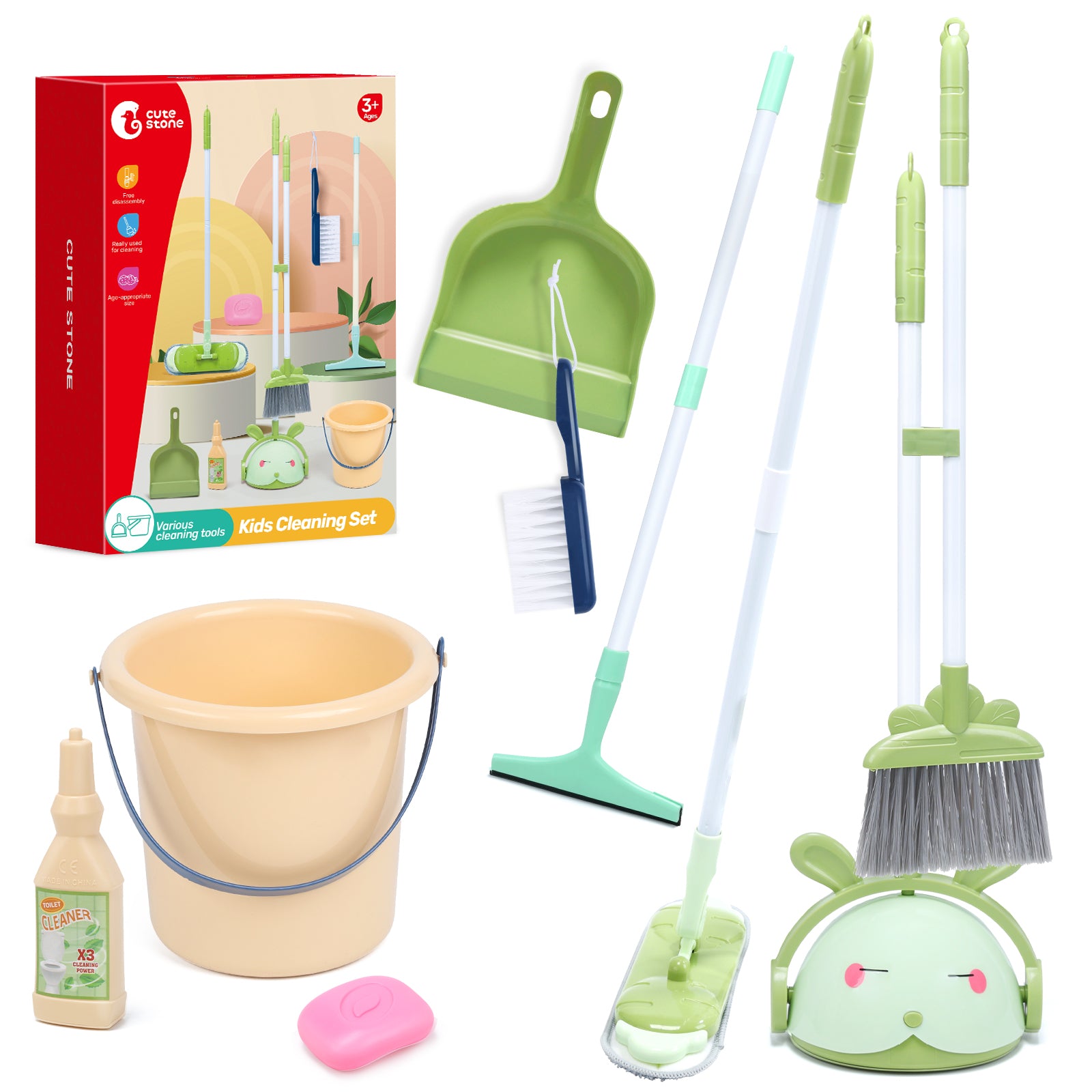 CUTE STONE Toddler Cleaning Set, 9 Pcs Kids Cleaning Toy Set Includes Kids Broom and Dustpan Set with Mop, Brush, Bucket, Scraper, Play Housekeeping Gift, Kids Cleaning Set for Toddlers 3-5 Year Old