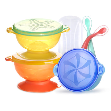 CUTE STONE Bowls, Suction Bowl with Lid & Spoon Set, 3-Piece Baby Bowls with Super Strong Suction Base, Non-Slip Handle, Weaning Feeding Bowls for Toddlers, Babies Self Eating