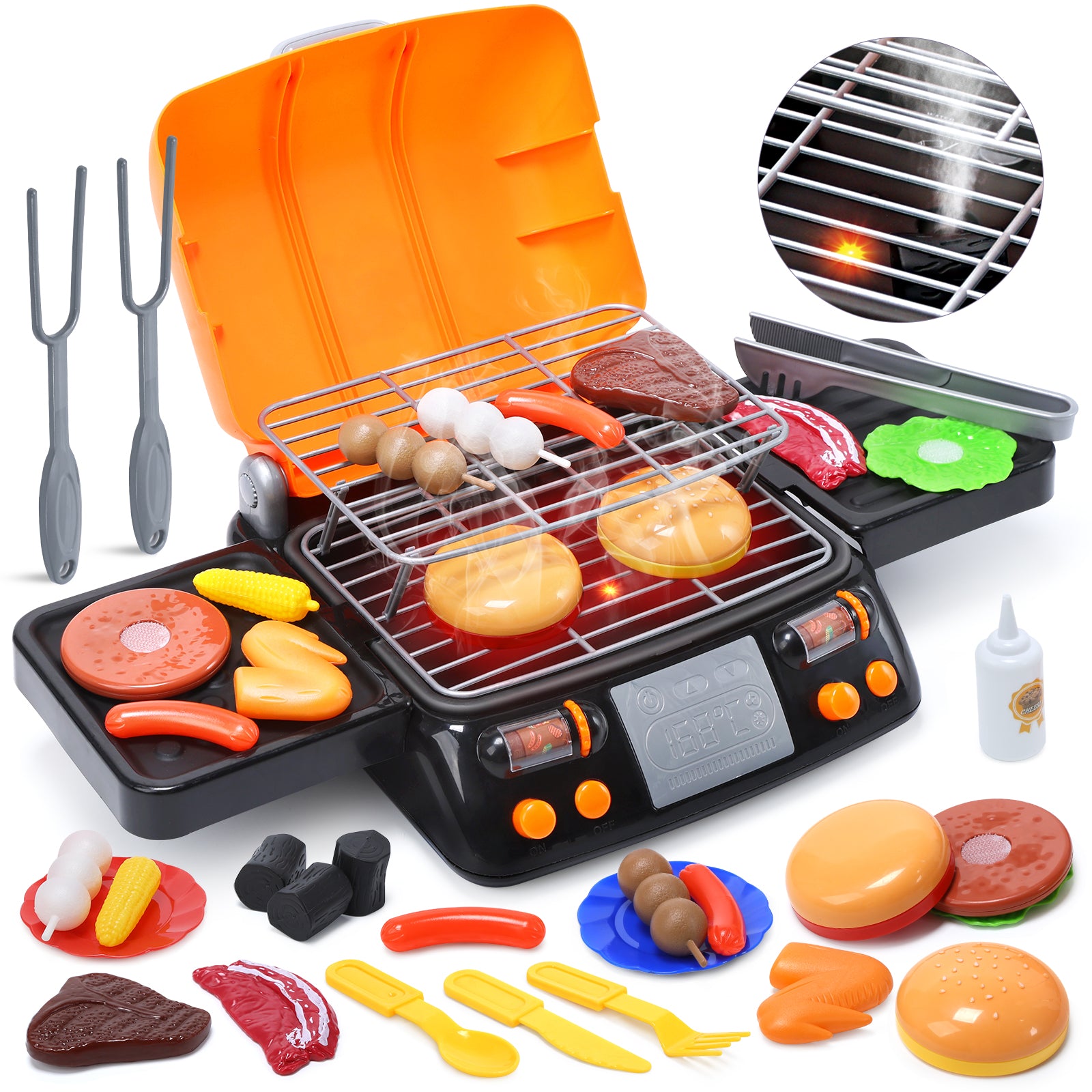 CUTE STONE Cooking Toy BBQ Set, 2-Layer Kids Grill Playset with Play Food, Pretend Smoke Sound and Light, Kitchen Accessories Utensils Toy, Outdoor Camping Barbecue Toys Gift for Toddlers Girls Boys