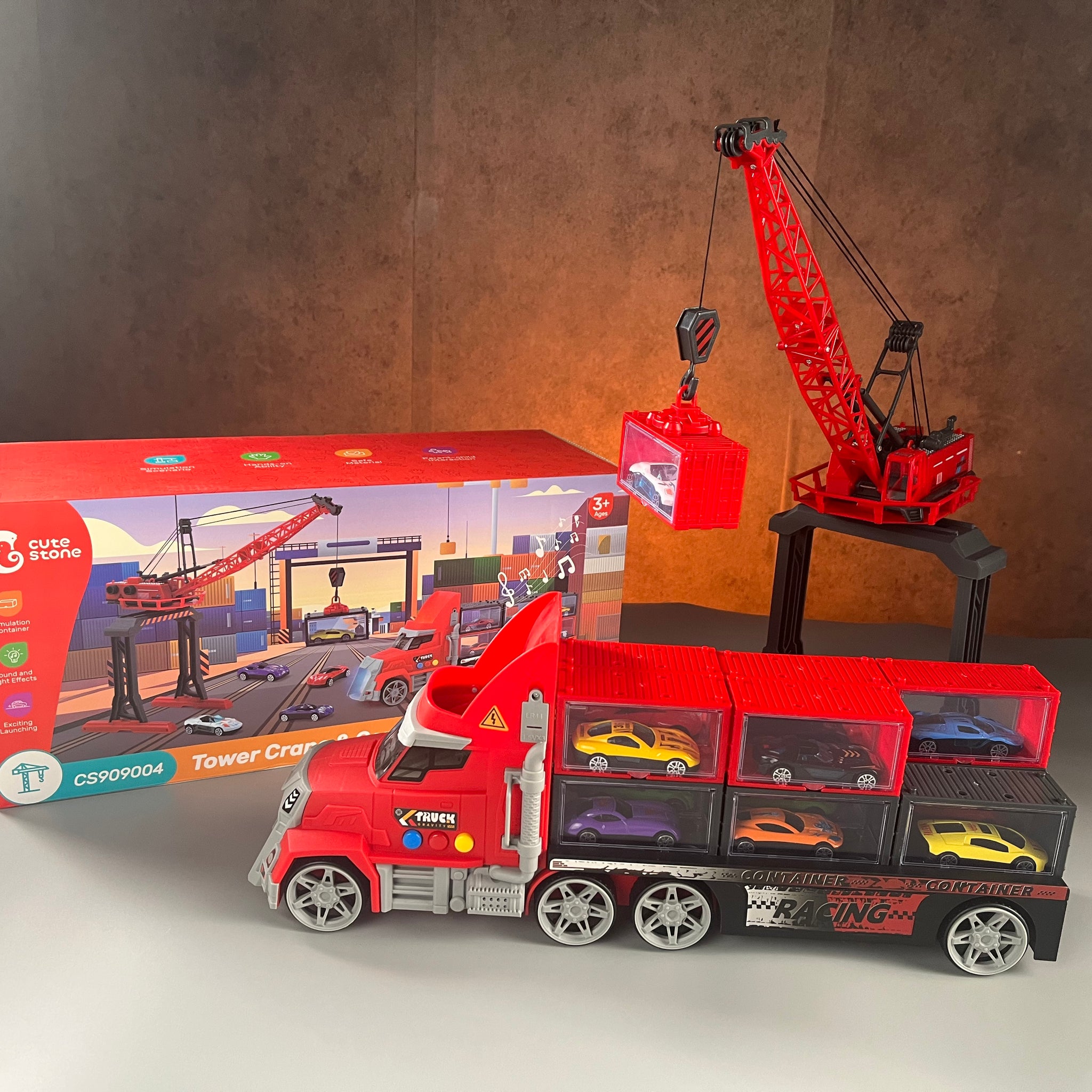 CUTE STONE Toy Vehicles, Toy Truck for Kids with Lights & Sounds, 12 Die-Cast Metal Toy Cars & 12 Containers, Tower Crane & Transport Carrier Truck Playset