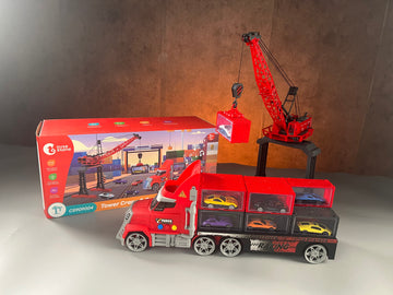 CUTE STONE Toy Vehicles, Toy Truck for Kids with Lights & Sounds, 12 Die-Cast Metal Toy Cars & 12 Containers, Tower Crane & Transport Carrier Truck Playset