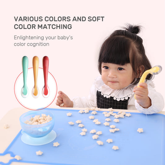 CUTE STONE Dishware, Silicone Baby Spoon, Bendable Self Feeding Spoon with Soft Tip, Easy Grip Weaning Training Spoon & Teether for Babies, Infants & Toddlers