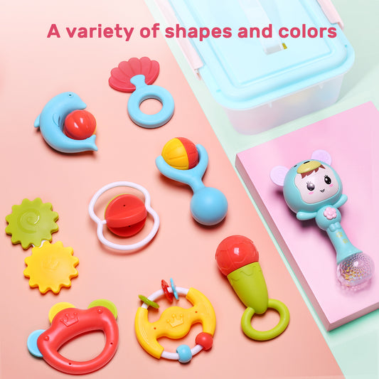 CUTE STONE Teething Rings Incorporating Baby Rattles, Electronic Rattle Shaker with Light and Music, Grab and Spin Rattles, Musical Rattle Toy Set with Storage Box, Early Educational Toy Gift for Newborn Baby Toddler