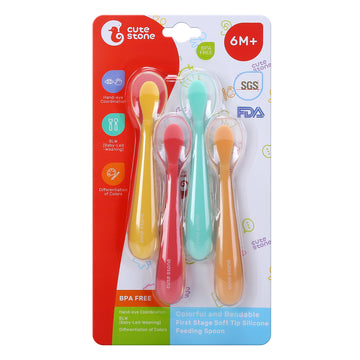 CUTE STONE Dishware, Silicone Baby Spoon, Bendable Self Feeding Spoon with Soft Tip, Easy Grip Weaning Training Spoon & Teether for Babies, Infants & Toddlers
