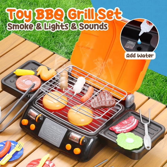 CUTE STONE Cooking Toy BBQ Set, 2-Layer Kids Grill Playset with Play Food, Pretend Smoke Sound and Light, Kitchen Accessories Utensils Toy, Outdoor Camping Barbecue Toys Gift for Toddlers Girls Boys