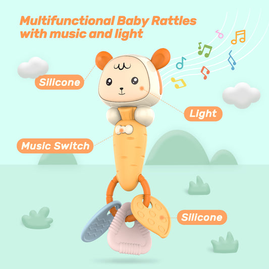 CUTE STONE Baby Rattles, Multifunctional Baby Rattle with Music & Lights, Soft Teether Toy for Sensory Development, Easy-Clean Design with Carry Case, Ideal Newborn Infant Gift