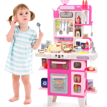 CUTE STONE Kids Kitchen Playset, Play Kitchen Set with Sound & Light, Cooking Stove with Steam, Toy Sink,Play Food Toy and Kitchen Accessories for Pretend Play, Kitchen Toy Set for Toddler Girls, Pink