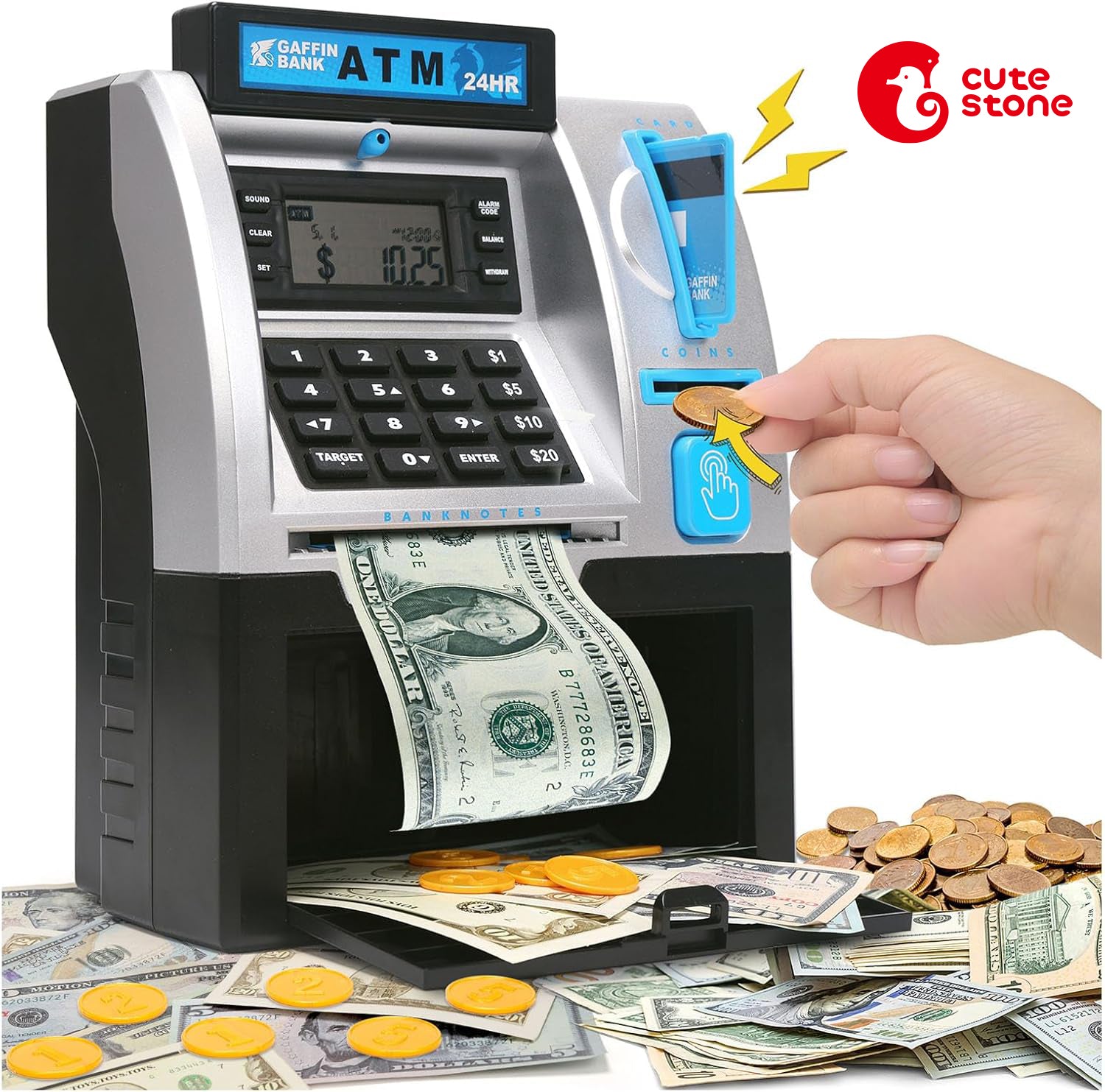 CUTE STONE Coin Banks, ATM Piggy Bank for Real Money, Digital Electronic Saving Safe Machine Box with Debit Card, Bill Feeder, Coin Recognition, Balance Calculator, Password Lock Case