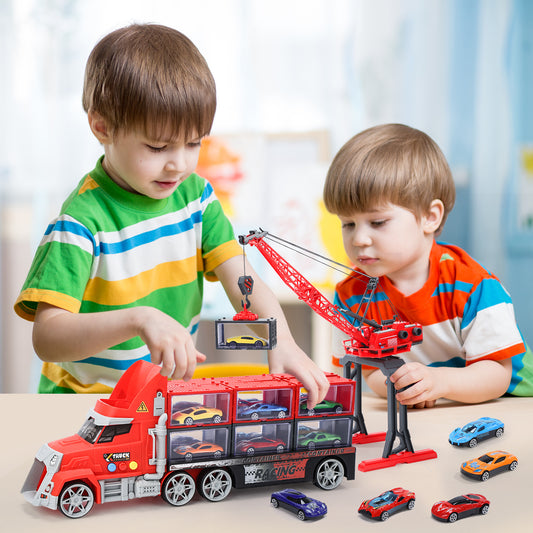 CUTE STONE Toy Vehicles, Toy Truck for Kids with Lights & Sounds, 12 Die-Cast Metal Toy Cars & 12 Containers, Tower Crane & Transport Carrier Truck Playset