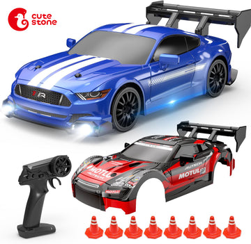 CUTE STONE Radio-controlled Toy Vehicles, RC Drift Racing Car Toy for Kids, 4WD 2.4GHz Remote Control Car with 2 Shells, Drift Tires, LED Lights, Extra Drift Tires, 2 Batteries (20 Min)
