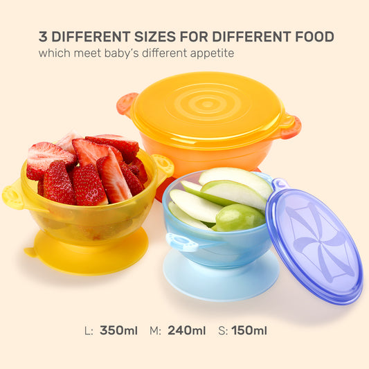 CUTE STONE Bowls, Suction Bowl with Lid & Spoon Set, 3-Piece Baby Bowls with Super Strong Suction Base, Non-Slip Handle, Weaning Feeding Bowls for Toddlers, Babies Self Eating