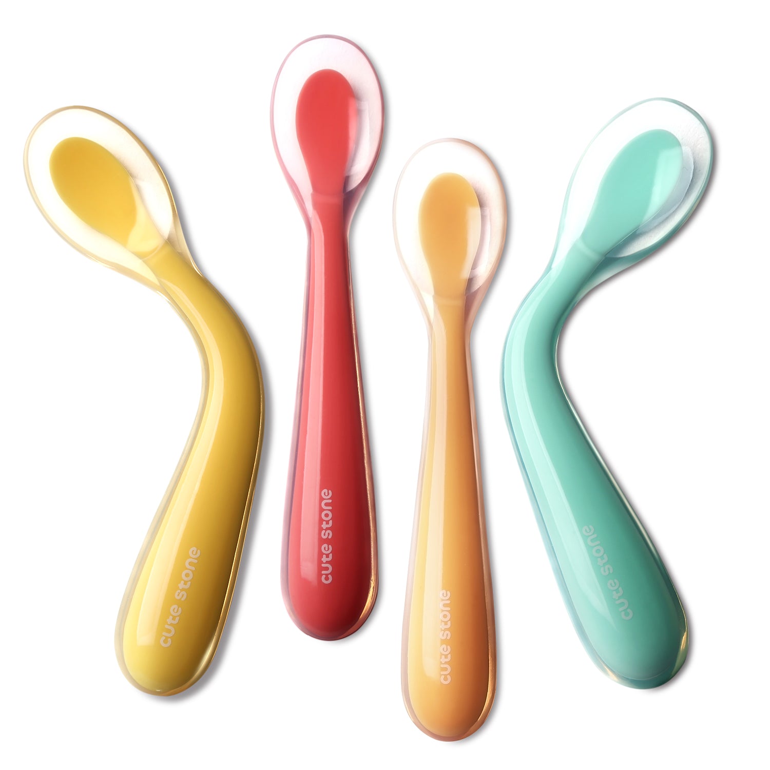 CUTE STONE Dishware, Silicone Baby Spoon, Bendable Self Feeding Spoon with Soft Tip, Easy Grip Weaning Training Spoon & Teether for Babies, Infants & Toddlers