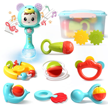 CUTE STONE Teething Rings Incorporating Baby Rattles, Electronic Rattle Shaker with Light and Music, Grab and Spin Rattles, Musical Rattle Toy Set with Storage Box, Early Educational Toy Gift for Newborn Baby Toddler
