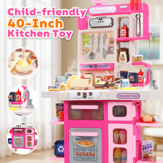 CUTE STONE Kids Kitchen Playset, Play Kitchen Set with Sound & Light, Cooking Stove with Steam, Toy Sink,Play Food Toy and Kitchen Accessories for Pretend Play, Kitchen Toy Set for Toddler Girls, Pink