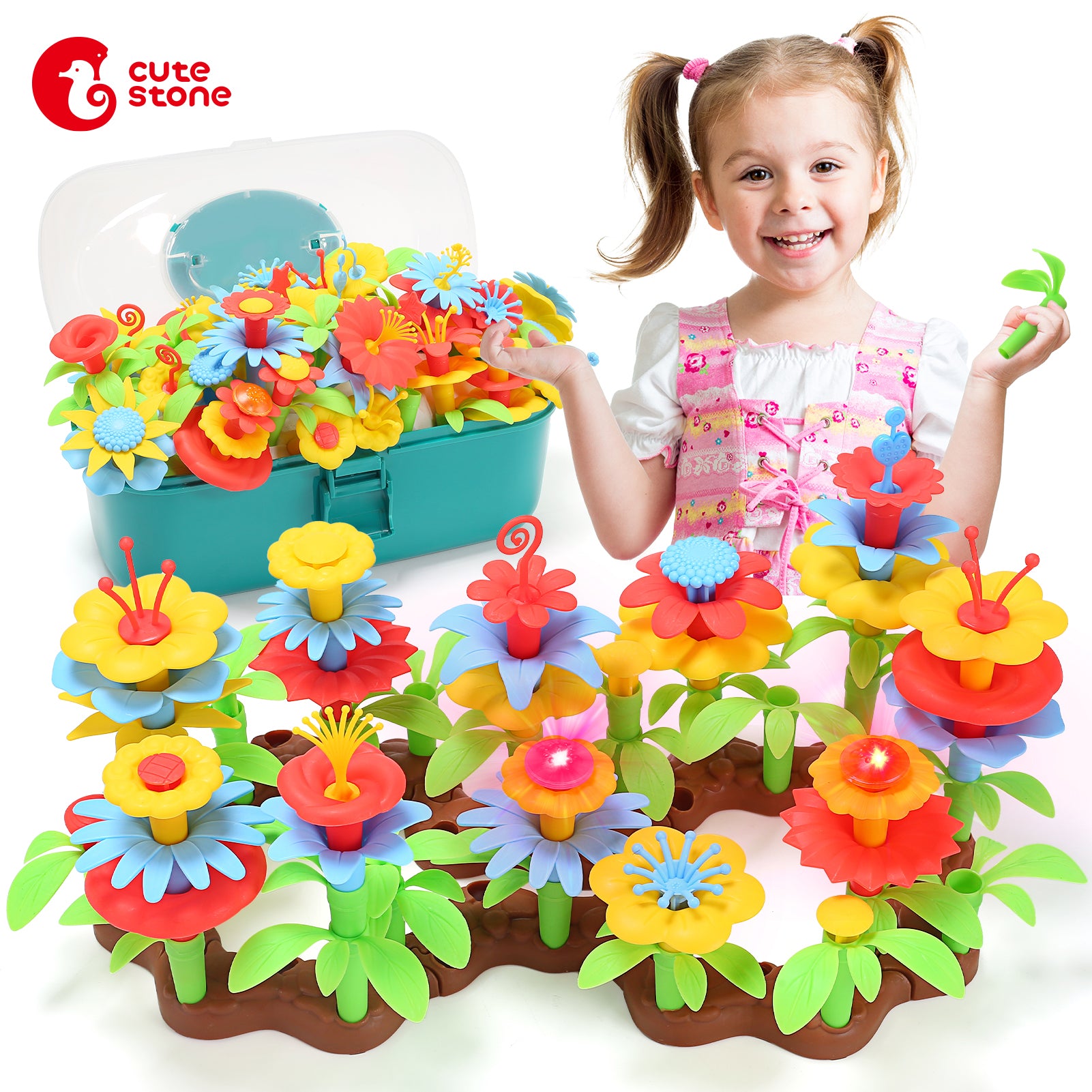 CUTE STONE Building Games, 140PCS Flower Garden Building Toys for Girls w/Light & Music-Stacking Game Playset-Educational STEM Gifts