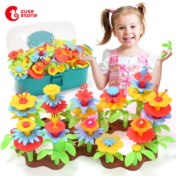 CUTE STONE Building Games, 140PCS Flower Garden Building Toys for Girls w/Light & Music-Stacking Game Playset-Educational STEM Gifts