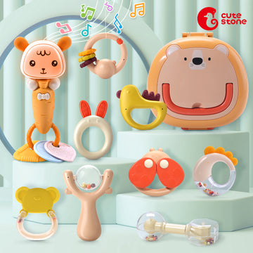 CUTE STONE Baby Rattles, Multifunctional Baby Rattle with Music & Lights, Soft Teether Toy for Sensory Development, Easy-Clean Design with Carry Case, Ideal Newborn Infant Gift