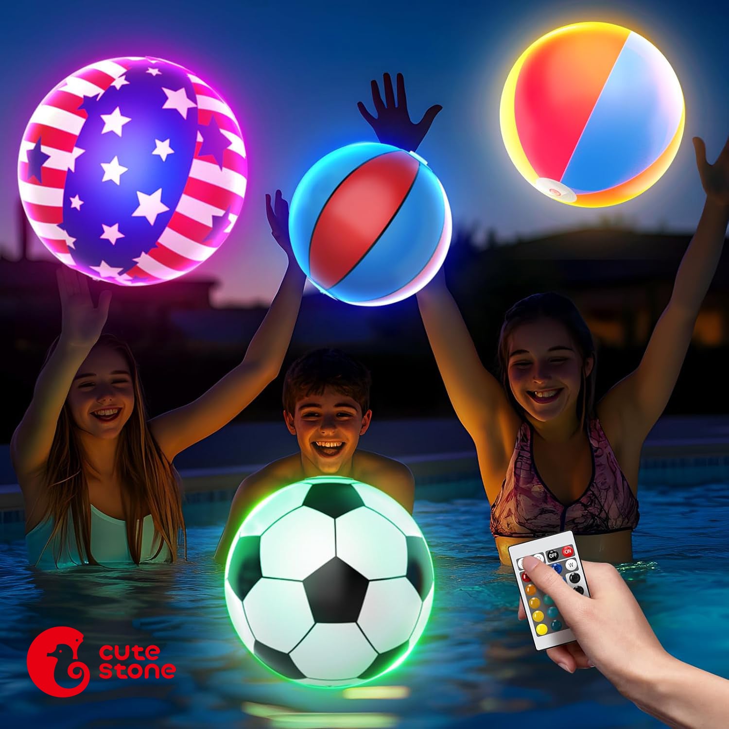 CUTE STONE Balls for Games, LED Light Up Beach Balls with Remote, 4 PCS Pool Toys, 16 Colors Lights and 4 Light Modes, Outdoor Beach Party Games & Toys for Kids Adults Pool Patio Garden