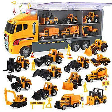 CUTE STONE Toy Vehicles, 25 in 1 Construction Vehicles Trucks Toy Push and Go Car Carrier Truck playset, Play Vehicles Toy with Sounds and Lights