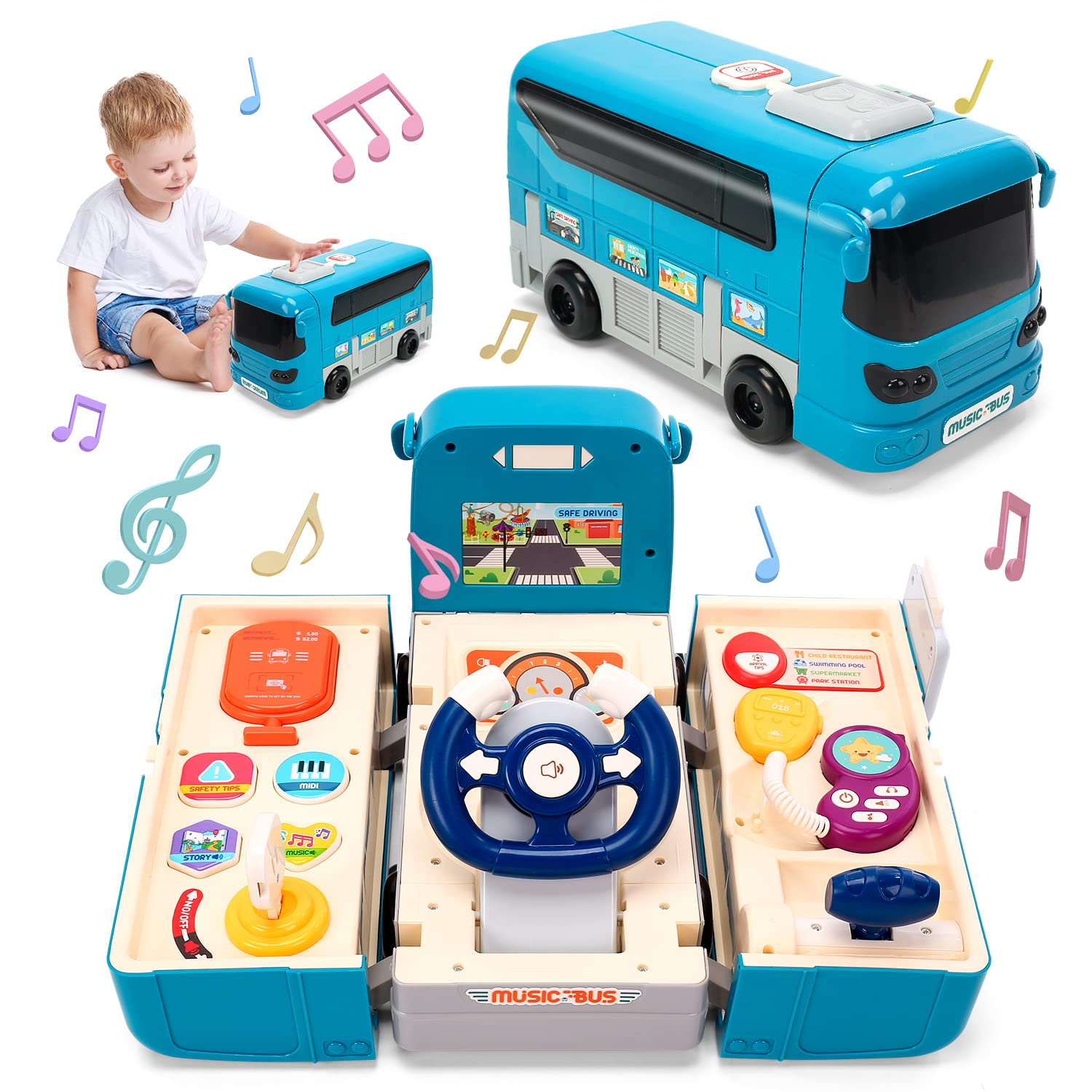 CUTE STONE Musical Toys,us Car Toy, Kids Play Vehicle with Sound and Light, Simulation Steering Wheel, Musical School Bus Toy for Toddler