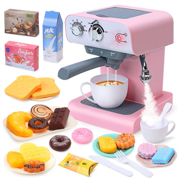 CUTE STONE Toy Coffee Set , Kids Coffee Maker Toy with Sound & Light, Realistic Steam, Play Kitchen Set with Play Food, Toddler Play Kitchen Accessories Gift for Girls and Boys