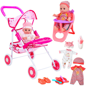 CUTE STONE Toy Furniture, 12" Baby Doll Playset for Girls – Pretend Play Baby Care Toy with Stroller, High Chair, Clothes & Accessories