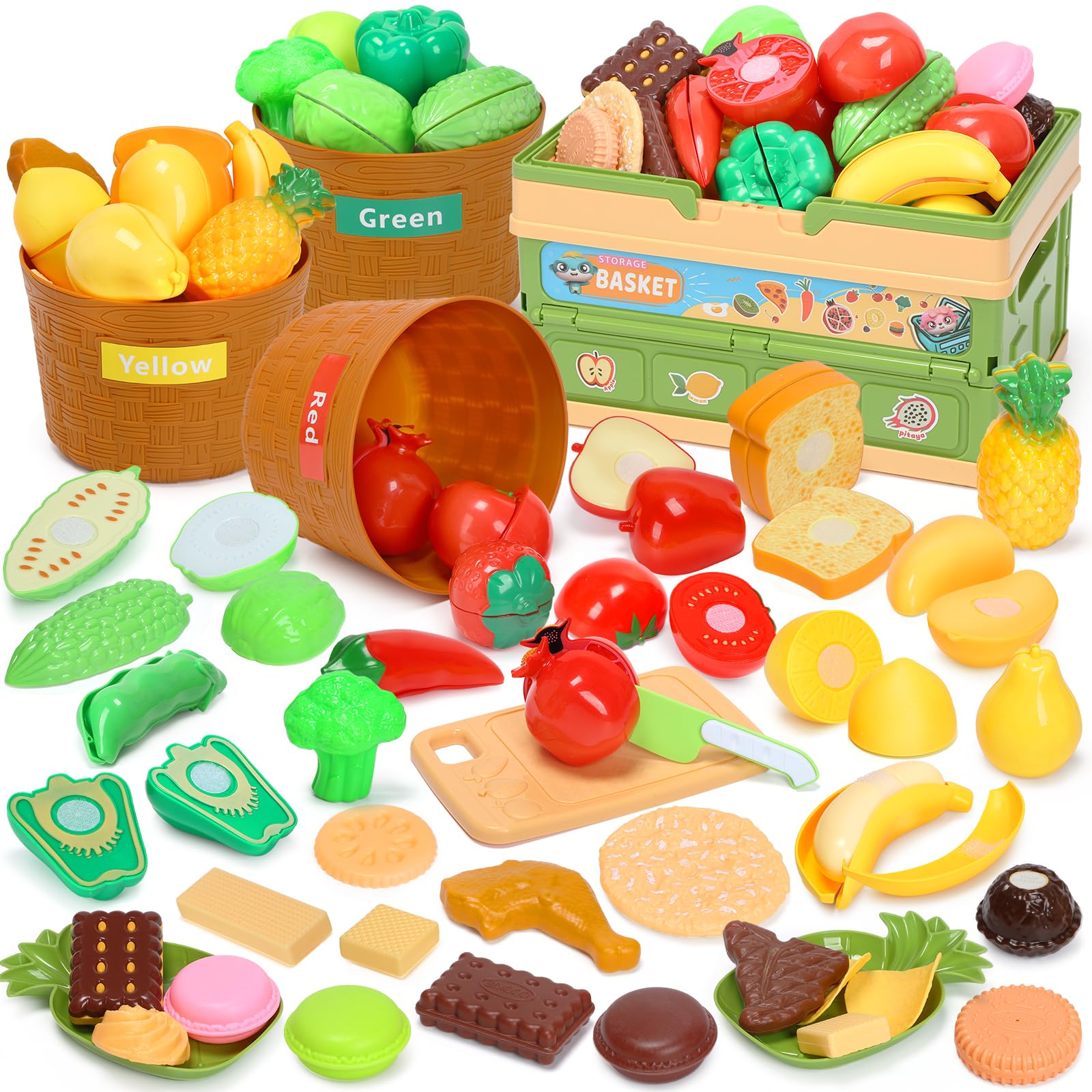 CUTE STONE Color Sorting Play Food Set,Toddlers Learning Toys, Cutting Play Food,Kids Kitchen Toy Accessories,Easter Basket Stuffers for Boys & Girls