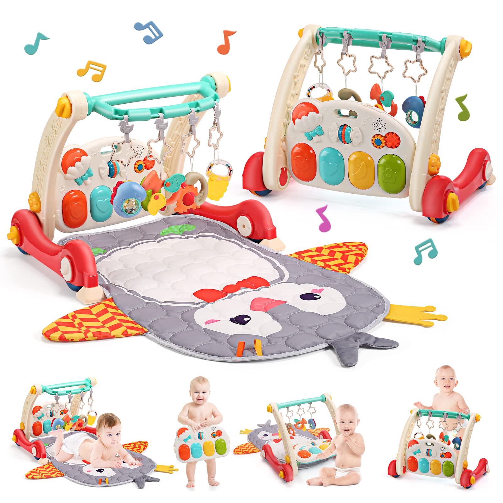 CUTE STONE Baby Gym Play Mat & Baby Learning Walker, Baby Activity Mat with Play Piano, Musical Activity Center with Lights