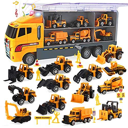 CUTE STONE Toy Vehicles,  25 in 1 Construction Vehicles Trucks Toy Push and Go Car Carrier Truck playset, Play Vehicles Toy with Sounds and Lights