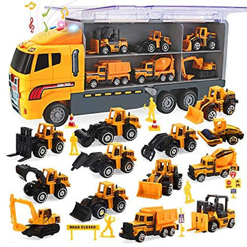 CUTE STONE Toy Vehicles,  25 in 1 Construction Vehicles Trucks Toy Push and Go Car Carrier Truck playset, Play Vehicles Toy with Sounds and Lights