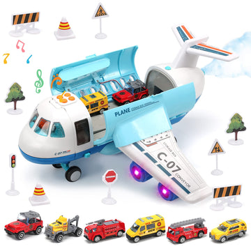 CUTE STONE Toy Airplanes, Toy Airplane with Smoke, Lights & Sounds, Friction Powered Plane Toy with Mini Cars for Kids