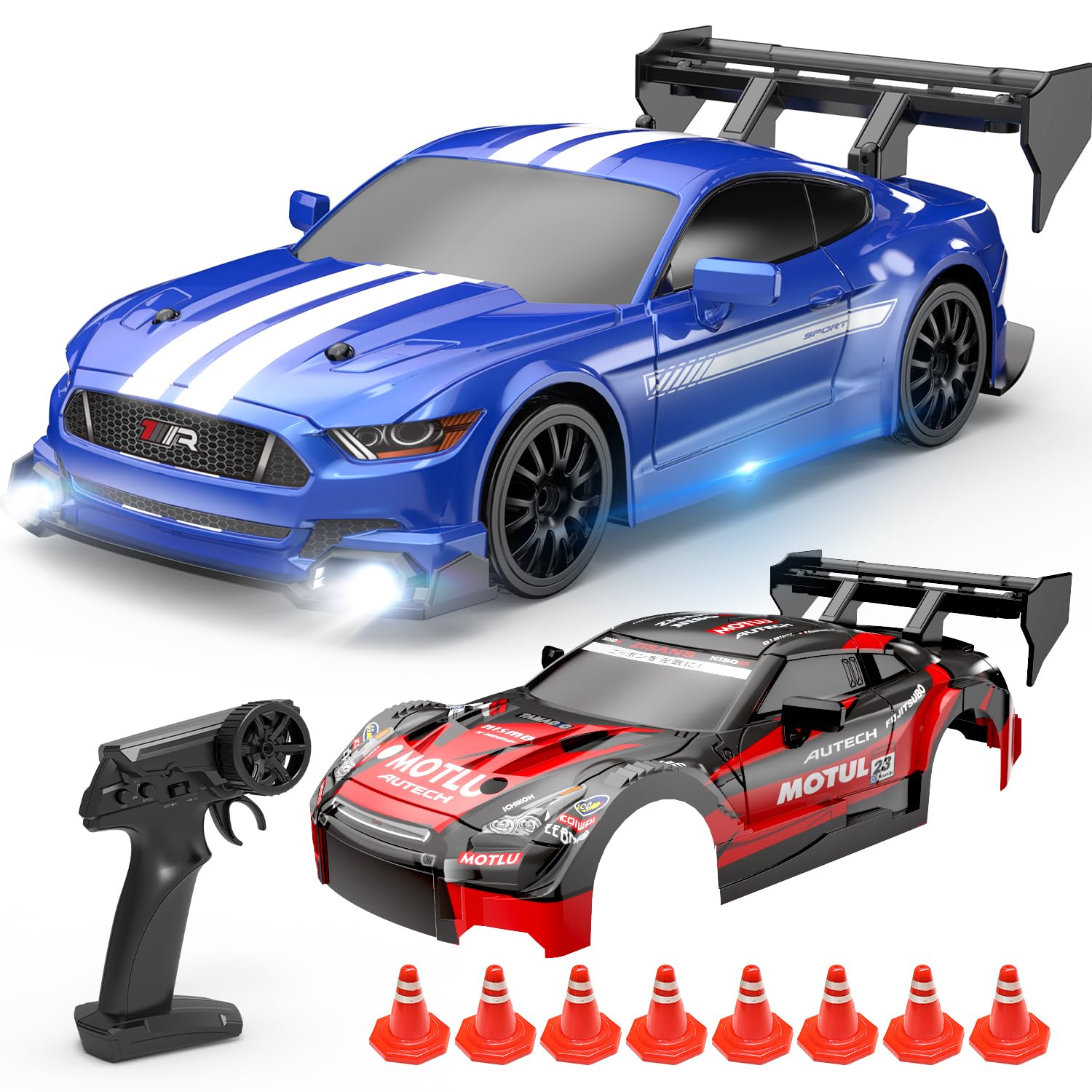 CUTE STONE Radio-controlled Toy Vehicles, RC Drift Racing Car Toy for Kids, 4WD 2.4GHz Remote Control Car with 2 Shells, Drift Tires, LED Lights, Extra Drift Tires, 2 Batteries (20 Min)