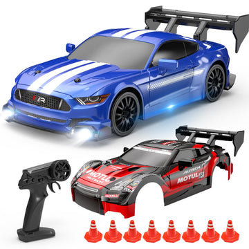 CUTE STONE Radio-controlled Toy Vehicles, RC Drift Racing Car Toy for Kids, 4WD 2.4GHz Remote Control Car with 2 Shells, Drift Tires, LED Lights, Extra Drift Tires, 2 Batteries (20 Min)