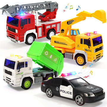 CUTE STONE Scale-model Vehicles, 4 Pack Fire Truck, Construction Truck, Police Car and Garbage Truck with Sound and Light, Toy for Toddler Boys and Girls