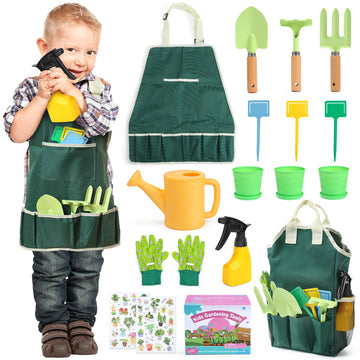 CUTE STONE Kids Gardening Tool Set, Gardening Toys Includes Metal Rake,Fork,Trowel,Apron,Gloves,Watering Can,Tote Bag and Strickers, Garden Tool Kit for Kids, Outdoor Toys Gift for Boys Girls